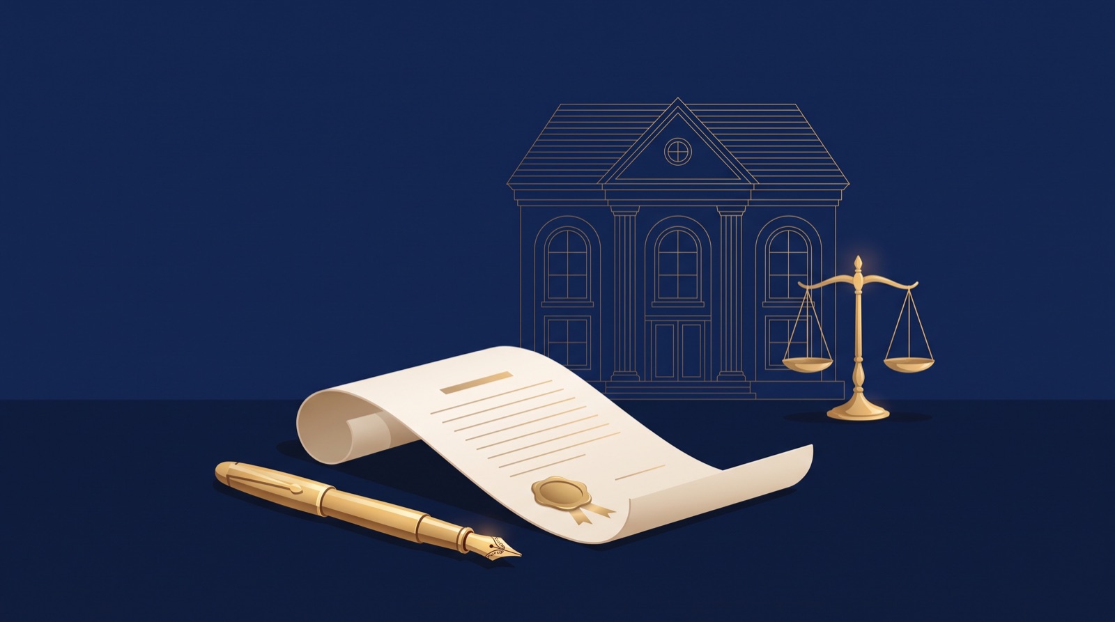 Documento com pena dourada, balança da justiça e prédio clássico — inventário extrajudicial